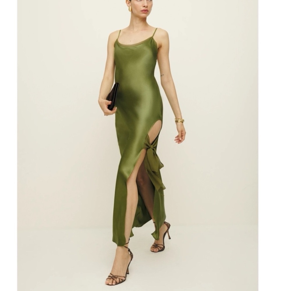 Reformation Malorie Silk leaf green silk asymmetrical olive slip dress - size 8
